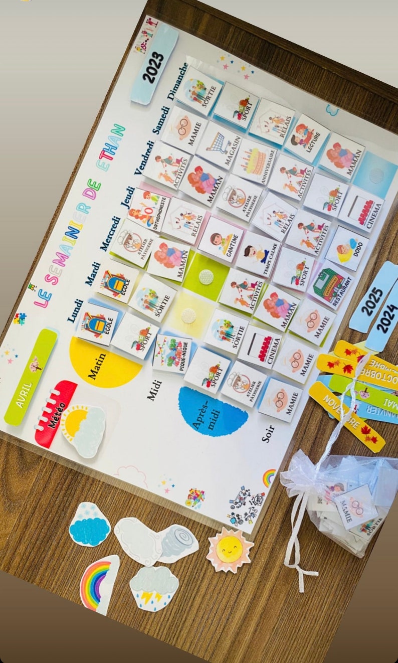 Personalized laminated weekly planner for children in large format with 110 stickers/weekly planner/Montessori children's weekly routines image 5