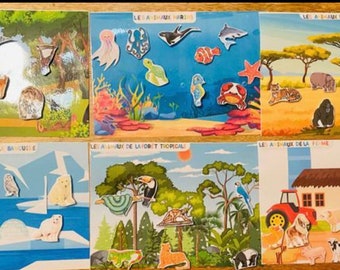 Set of six educational sheets/ animals of the world in their environments/ fun game/ kindergarten/ Montessori inspiration