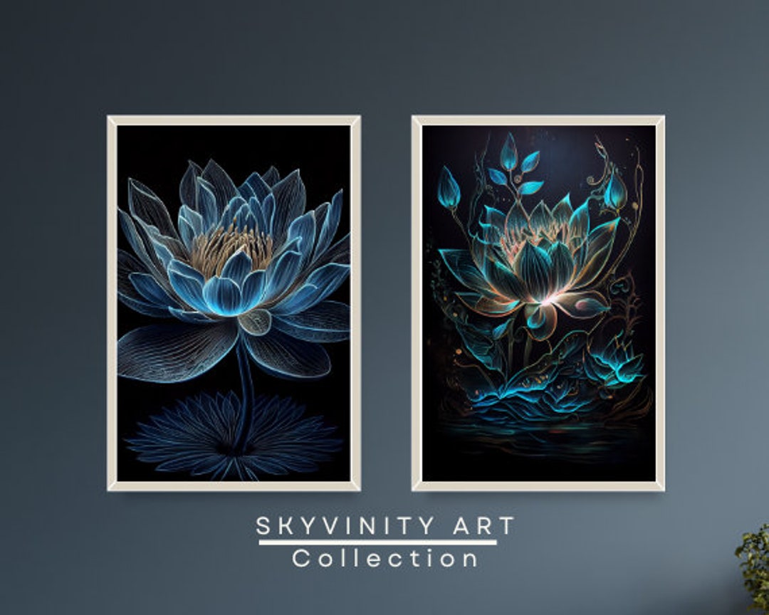 Neon Blue Lotus Flower Wall Art Set Lotus Wall Art Printable Etsy
