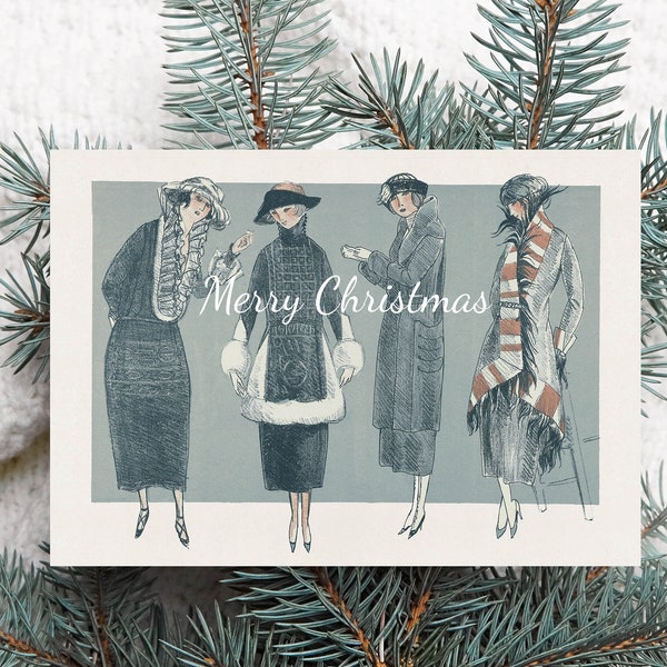 Xmas Vintage Fashion Card, Retro Christmas Art, Festive Greeting Card, Classic Illustration, Seasonal Elegance, 1920s Fashion Print, Couture