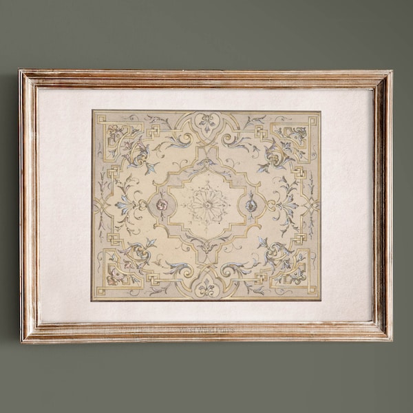 Ancient Ceiling Pattern Sketch, 19th Century Rustic French Floor Tile Fine Art Interior Design Print, Antique Architecture Prints | 115