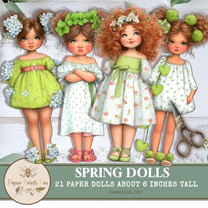 Printable Paper Dolls, Green Dress Girls, Spring Clipart for Junk Journals, Scrapbooking Ephemera, Digital Download Craft Kit
