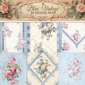 Scrap book journal-  Decoupage Papers- old paper background  Blue floral - 24 page  in Vintage Shabby Chic Style , junkjournal KIT