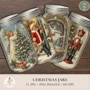 Op de afbeelding: Vier glazen weckpotten met vintage kerstillustraties. De eerste toont een engel die een boom versiert, de tweede een kind met honden, de derde een ballerina en de vierde een notenkraker. De tekst op de afbeelding luidt CHRISTMAS JARS.