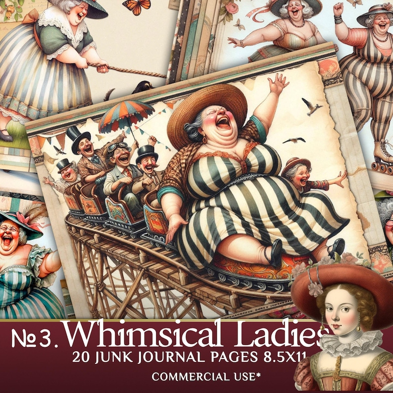 Whimsical Old Ladies Junk Journal Pages - Cartoon Grandmothers Clipart for Scrapbooking