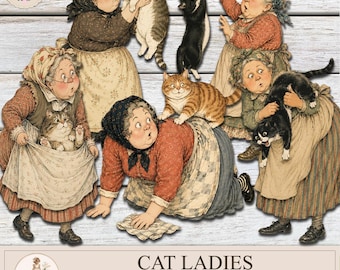 Paper Dolls Cat Ladies Printables, Grandma with Cats Ephemera, Junk Journal,  Scrapbooking PNG , PaperPrintsPro