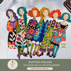 Utskrivbar pappersdocka, 30 fussy cuts, skräpjournalmaterial, färgglad clipart | PaperPrintsPro