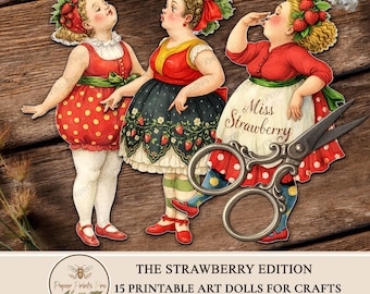 Printable Paper Dolls Vintage Strawberry Ephemera Pack, Junk Journal Supplies, Scrapbooking, PNG JPG, PaperPrintsPro