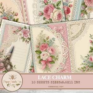 Vintage Lace Floral Pages | Shabby chic|10 Foldable Junk Journal Pages 8.5x11 | Commercial Use