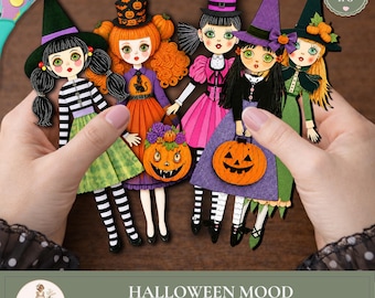Halloween Paper Dolls, Printable Witches, Halloween Digital Download, Clipart PNG, Fussy Cuts, PaperPrintsPro