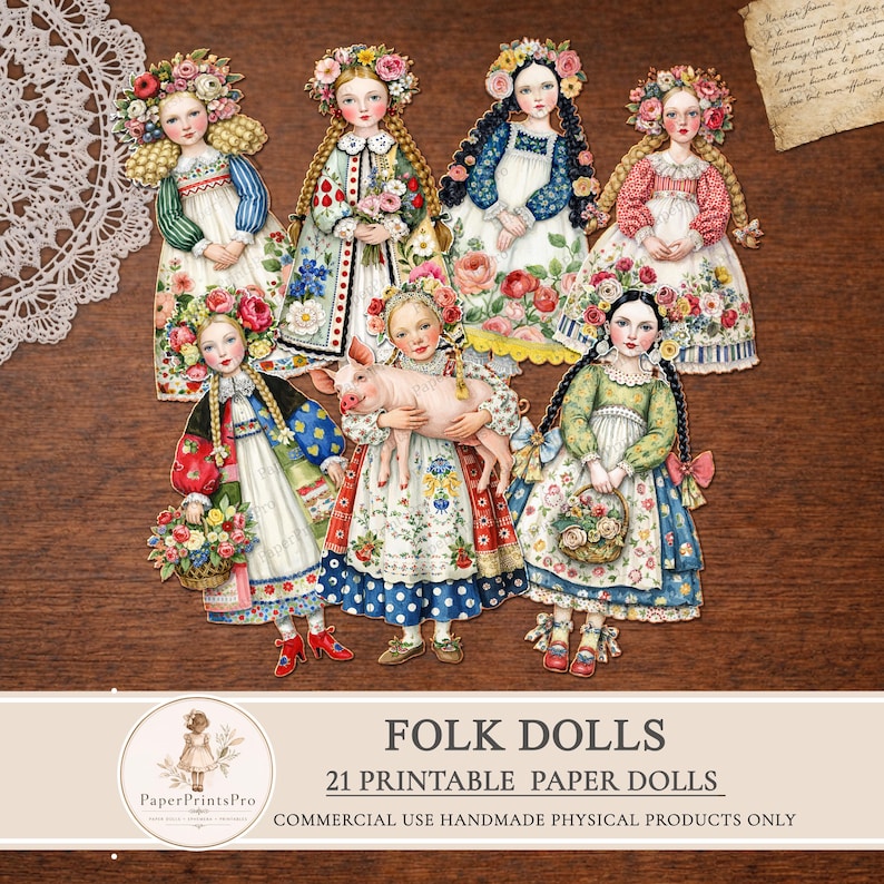 Printable Paper Dolls Spring Floral Folk Girls Junk Journal Ephemera ...
