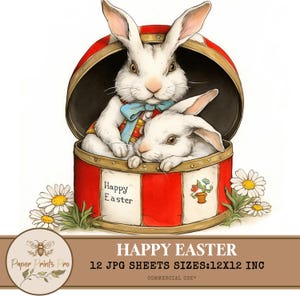 Vintage Easter Bunnies Clipart - 12 JPG Digital Images, Cute Rabbits in Decorative Boxes, 12x12 inch,PaperPrintsPro
