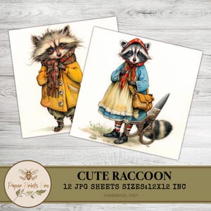 Cute Raccoon Clipart, Vintage Animal Illustration, 12 JPG Images, 12x12 Inch, for Scrapbooking & Crafts -Clip Art Paper Prints Pro