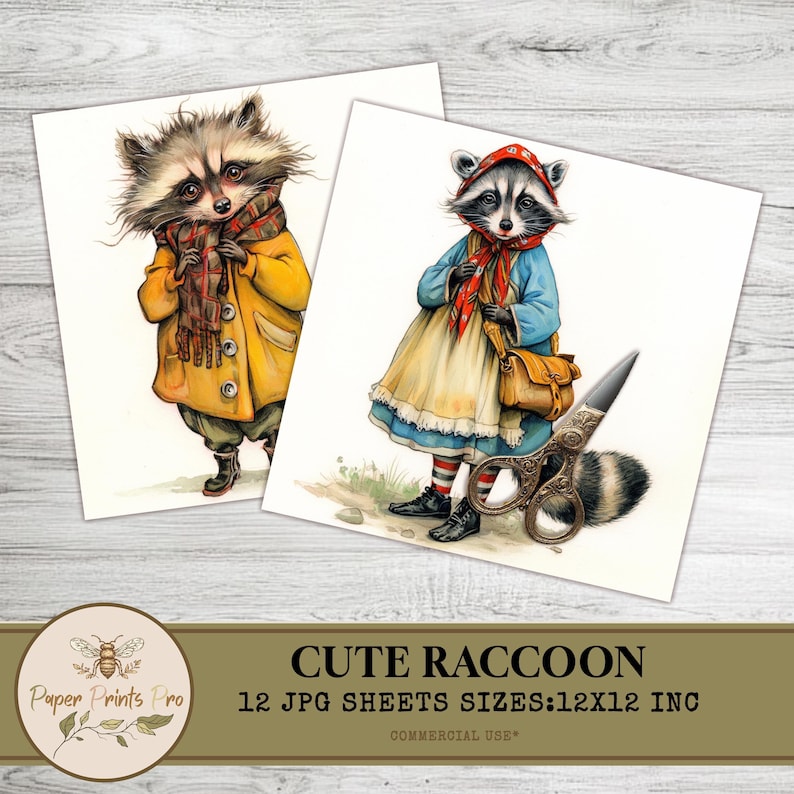 Cute Raccoon Clipart, Vintage Animal Illustration, 12 JPG Images, 12x12 Inch, for Scrapbooking & Crafts -Clip Art Paper Prints Pro