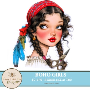 Boho Girls Clipart | 10 JPG 12x12" | Printable Bohemian Portraits | Digital Paper for Junk Journals, Scrapbooking, Cards - Paper Prints Pro