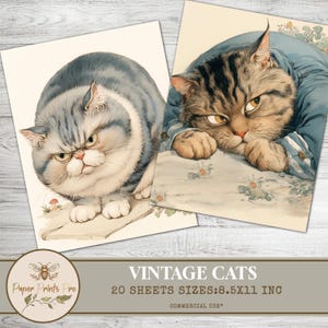 Vintage Cats Illustrations, 20 JPG Sheets, Digital Download, Printable Ephemera, Junk Journal Kit, Scrapbook Paper -PaperPrintsPro