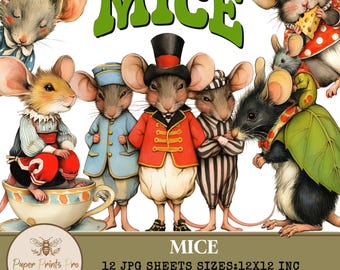 Cute Mice Clipart, Vintage Animal Illustration, 12 JPG Images, 12x12 Inch  for Scrapbooking & Crafts -Clip Art Paper Prints Pro