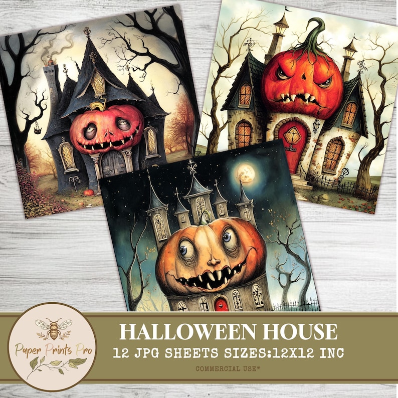Haunted House Backgrounds for Halloween | 12 Printable JPGs Spooky Digital Paper for Junk Journals, Scrapbooking, Cards - Paper Prints Pro
