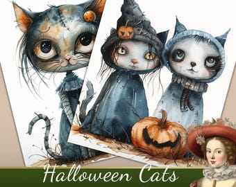 Watercolor Halloween Cats Clipart: 15 JPG Designs (Digital Download)
