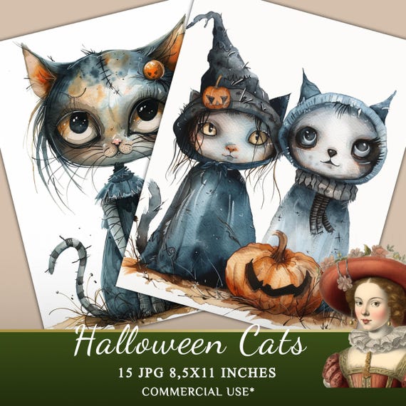 Watercolor Halloween Cats Clipart: 15 JPG Designs (Digital Download)