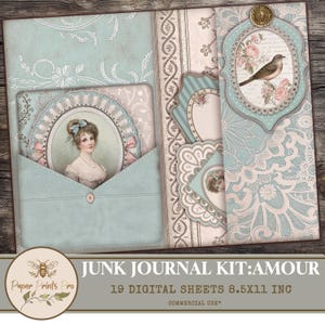 Vintage Junk Journal Kit - Amour | 19 Digital Pages with Loaded Pockets & Tags | Folio| Commercial Use