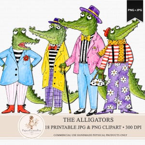 May include: A watercolour illustration featuring four smartly dressed alligators. One wears a blue coat, another a yellow coat, a third a pink coat, and the last one a red and white striped shirt. The text "THE ALLIGATORS" is below.