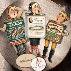 Paper Dolls Printable, 12 PNG JPG Vintage Fish Characters for Crafts, Ephemera & Backgrounds - PaperPrintsPro image 13