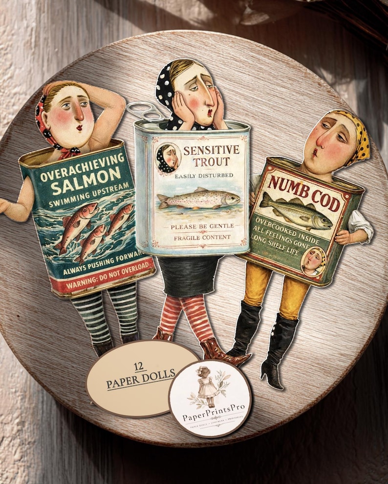 Paper Dolls Printable, 12 PNG JPG Vintage Fish Characters for Crafts, Ephemera & Backgrounds - PaperPrintsPro image 13