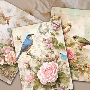 Digital Junk Journal pages Roses & Birds - perfect for  Scrapbook, and Decoupage Pages