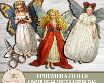 Vintage Fairy Paper Dolls - 9 Printable Ephemera Cutouts - Junk Journal, Scrapbooking, DIY Crafts - PaperPrintsPro