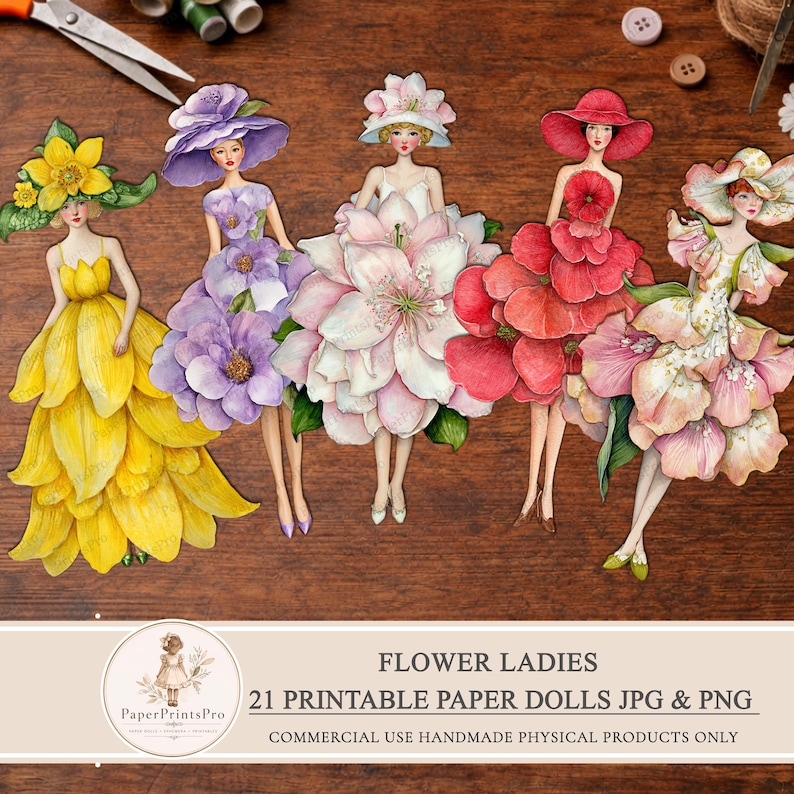 Printable paper dolls with flower dresses, women in bright botanical outfits, floral ephemera set for junk journal, scrapbooking, mixed media and collage projects, digital download includes JPG sheets and PNG cut files by PaperPrintsPro