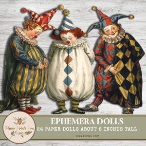Ephemera Printable Paper Dolls -24"Clowns" - Vintage DIY Cutouts -Clip Art PaperPrintsPro