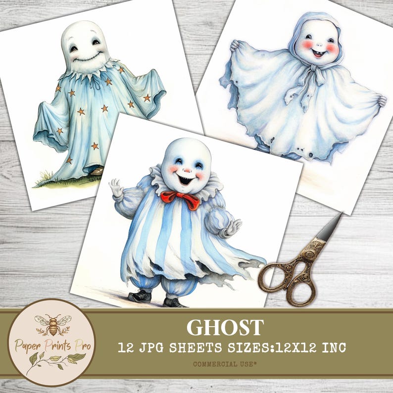 Vintage Ghost Clipart - 12 Digital JPG, 300 DPI for Scrapbooking, Junk Journals & Cards -Paper Prints Pro