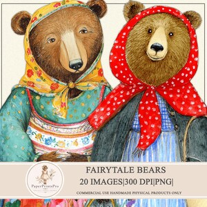 Fairytale Bears printable clipart by PaperPrintsPro, 20 PNG images, 300 DPI, whimsical anthropomorphic bears in vintage style clothing, floral dresses, scarves, coats and hats, colorful patterns, full body characters, hand painted look, perfect for junk journal, scrapbooking, collage, crafts, fussy cut, digital download for handmade projects