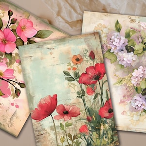 20 Junk Journal pages with flowers, perfect for journaling and decoupaging