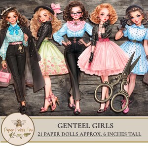 Printable vintage paper dolls set of stylish women in 1950s-inspired outfits – elegant retro fashion with pastel dresses, puff sleeves, full skirts, fitted pants, high heels, gloves, hats, and accessories. Perfect for junk journaling, scrapbooking, collage art, and DIY paper crafts. Retro aesthetic, glamorous feminine looks, cut-out dolls for printing and decorating. Includes ladylike coats, classic silhouettes, dramatic poses, and timeless details. 
 by PaperPrintsPro