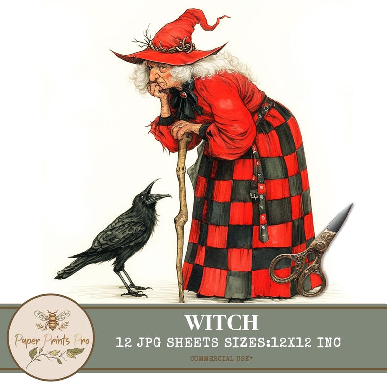 Vintage Witch Clipart | 12 Bright Printable Witches | 12x12" JPG | Halloween, Junk Journal, Crafts