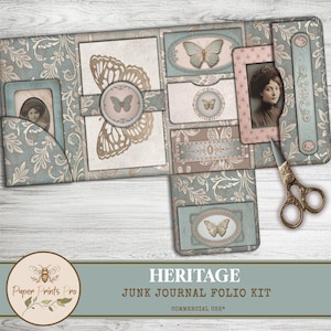 Junk Journal Folio Kit "Heritage"  - 4 Sheets for Diy with Mini Envelope & Background -PaperPrintsPro