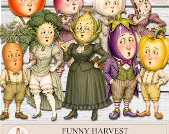 Printable Vegetable Paper Dolls PNG JPG, Funny Veggie , Whimsical PaperDoll, Junk Journal, Clipart,PaperPrintsPro