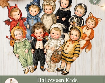 Halloween Paper Dolls,  Printable Kids Clipart, Trick or Treat, Scrapbooking Supplies, Fussy Cuts, PaperPrintsPro