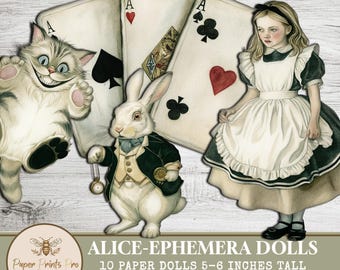 Alice in Wonderland Printable Paper Dolls – 10 Ephemera Figures for Journals & Crafts – by PaperPrintsPro