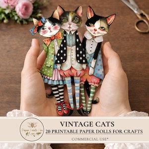 Bambole di carta stampabili – 20 personaggi di gatti a pois per junk journal e lavoretti creativi – di PaperPrintsPro