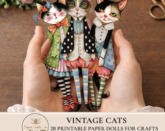 Printable Paper Dolls – 20 Polka Dot Cat Characters for Junk Journals & Crafts – by PaperPrintsPro