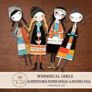 Paper Dolls  Printable Whimsical Girls Illustrated Scrapbooking Craft Folk Style 6 Inch JPG - PaperPrintsPro