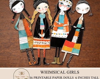 Paper Dolls  Printable Whimsical Girls Illustrated Scrapbooking Craft Folk Style 6 Inch JPG - PaperPrintsPro