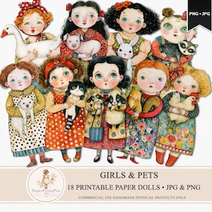 Whimsical printable paper dolls featuring charming girls holding animals including foxes, frogs, kittens, rabbits, ducks, geese, owls, goats, chickens, raccoons, piglets and more. Includes PNG files with transparent backgrounds and ready-to-print JPG pages. Storybook watercolor illustration style with soft vintage-inspired colors, designed for junk journals, scrapbooking, collage, handmade crafts and creative projects by PaperPrintsPro.