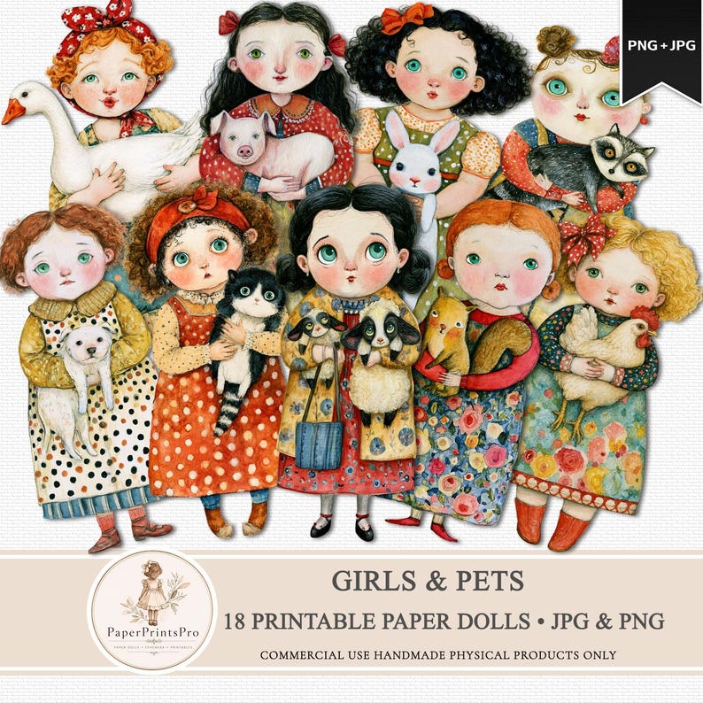 Whimsical printable paper dolls featuring charming girls holding animals including foxes, frogs, kittens, rabbits, ducks, geese, owls, goats, chickens, raccoons, piglets and more. Includes PNG files with transparent backgrounds and ready-to-print JPG pages. Storybook watercolor illustration style with soft vintage-inspired colors, designed for junk journals, scrapbooking, collage, handmade crafts and creative projects by PaperPrintsPro.
