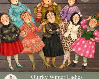 Printable Paper Dolls for Junk Journal, Quirky Winter Ladies PNG, Scrapbooking Clipart Bundle, PaperPrintsPro