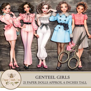Printable vintage paper dolls set of stylish women in 1950s-inspired outfits – elegant retro fashion with pastel dresses, puff sleeves, full skirts, fitted pants, high heels, gloves, hats, and accessories. Perfect for junk journaling, scrapbooking, collage art, and DIY paper crafts. Retro aesthetic, glamorous feminine looks, cut-out dolls for printing and decorating. Includes ladylike coats, classic silhouettes, dramatic poses, and timeless details. 
 by PaperPrintsPro