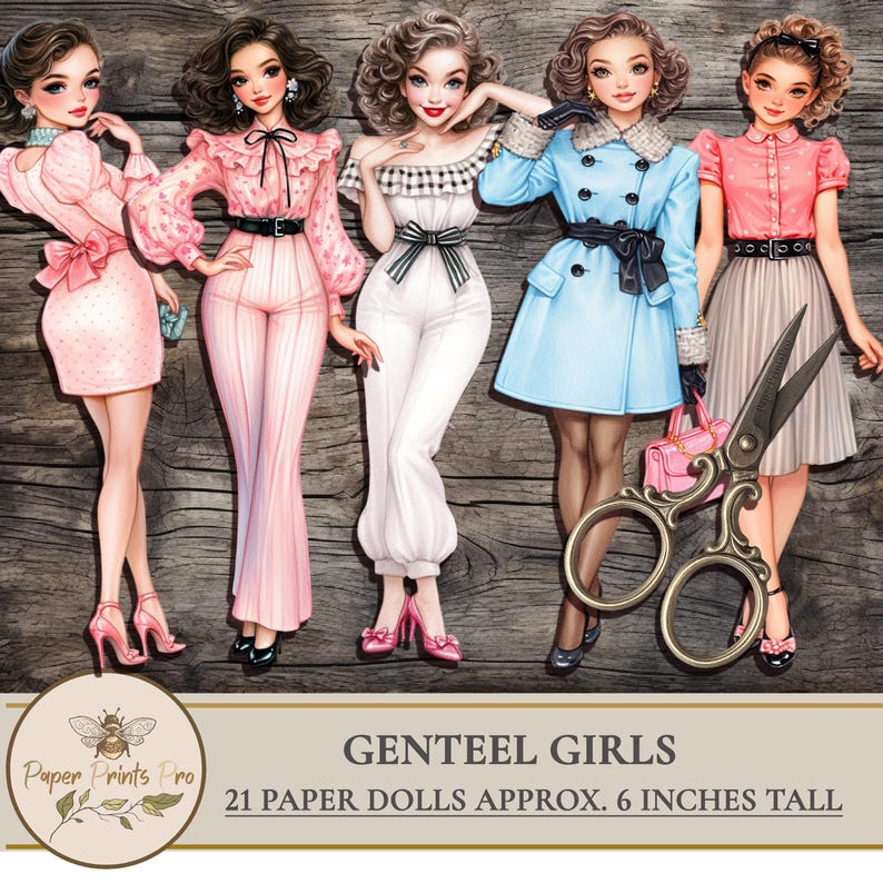 Printable vintage paper dolls set of stylish women in 1950s-inspired outfits – elegant retro fashion with pastel dresses, puff sleeves, full skirts, fitted pants, high heels, gloves, hats, and accessories. Perfect for junk journaling, scrapbooking, collage art, and DIY paper crafts. Retro aesthetic, glamorous feminine looks, cut-out dolls for printing and decorating. Includes ladylike coats, classic silhouettes, dramatic poses, and timeless details. 
 by PaperPrintsPro